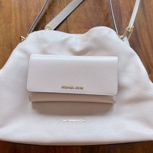 Michael Kors light pink large Raven leather shoulder bag with matching wallet